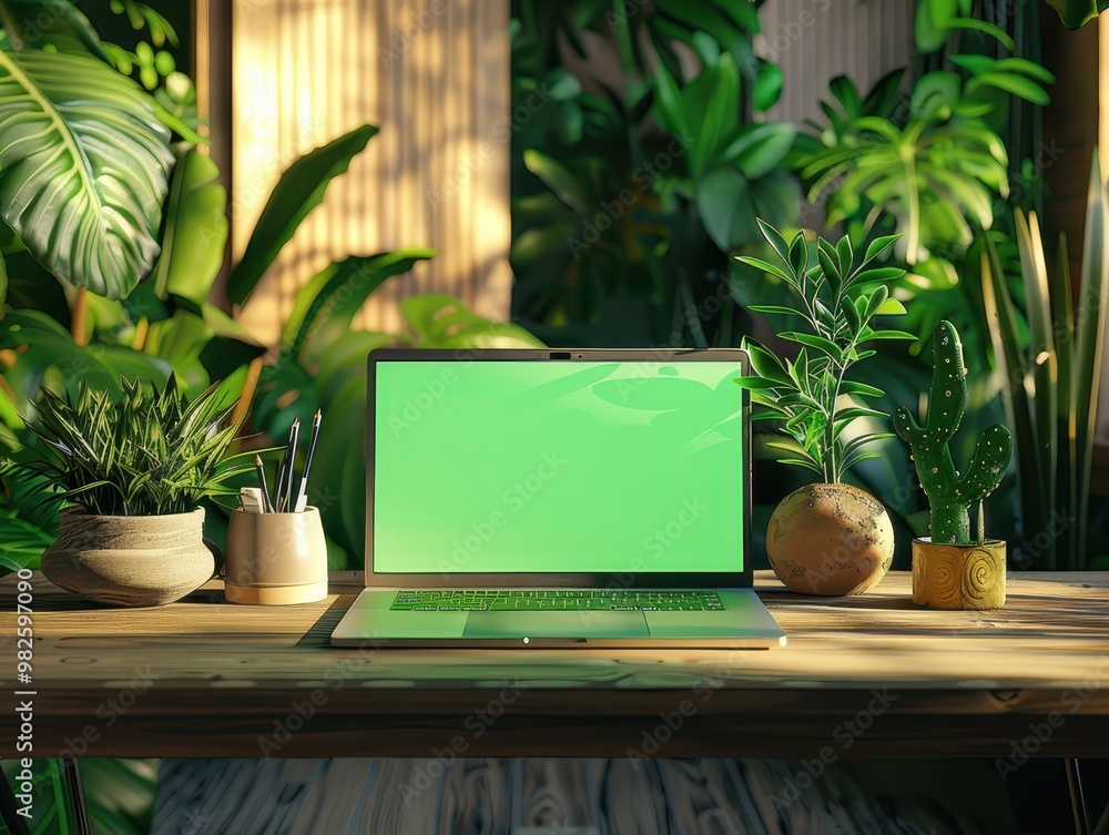 A laptop with a green screen on a modern wooden table, set against a backdrop of lush green foliage on the wall. A laptop with a green screen on a modern wooden table, set against a backdrop of lush green foliage on the wall.