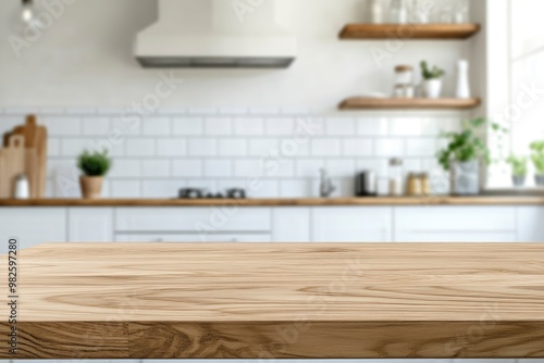 A copy space on wooden dining tabletop over blurred modern luxury white kitchen with generative ai