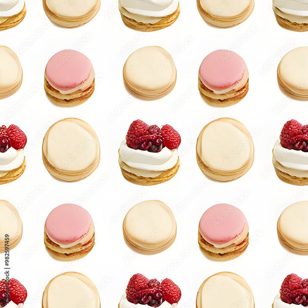 Pattern with bright macaroons and fresh berries on white background. Sweet dessert for cafe and restaurant, menu. Watercolor food illustration for design, printing, paper and textile. Pattern with bright macaroons and fresh berries on white background. Sweet dessert for cafe and restaurant, menu. Watercolor food illustration for design, printing, paper and textile.