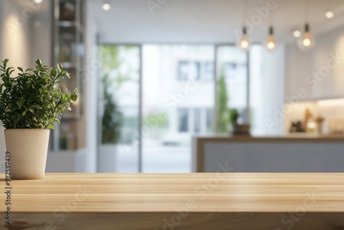 A copy space on wooden dining tabletop over blurred modern luxury white kitchen with generative ai