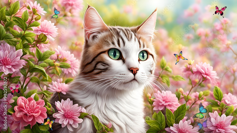 Pictures of very cute fat cats with beautiful flowers and butterflys on background. cat.(3) Pictures of very cute fat cats with beautiful flowers and butterflys on background. cat.(3)