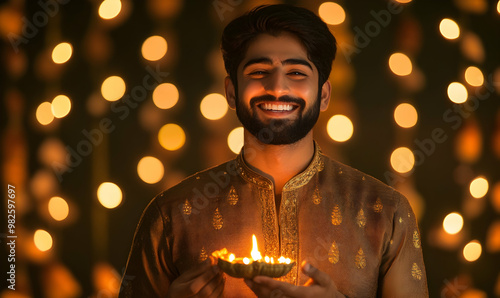 Happy Diwali concept photo man holding Diya and celebrating Diwali festival photo