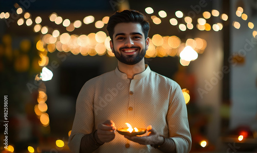 Happy Diwali concept photo man holding Diya and celebrating Diwali festival photo