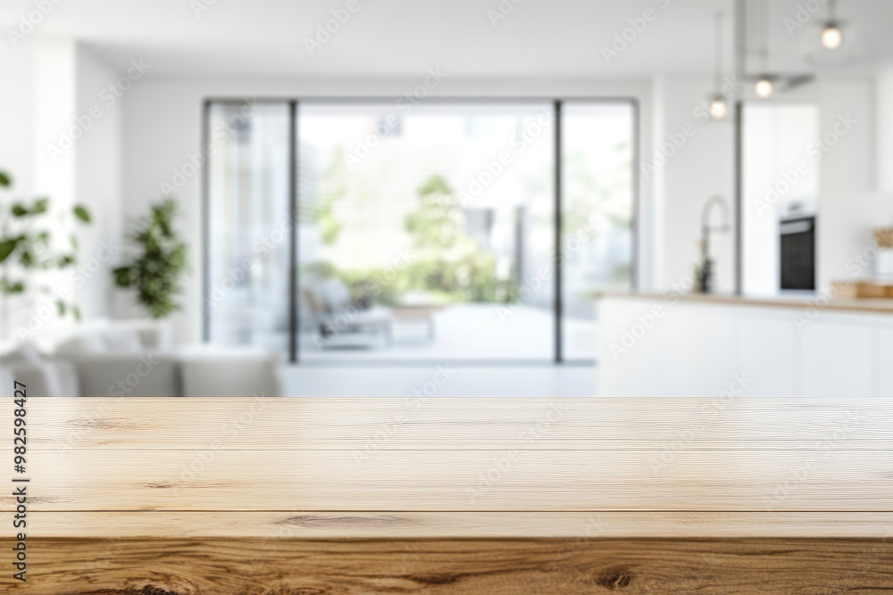 A copy space on wooden dining tabletop over blurred modern luxury white kitchen with generative ai A copy space on wooden dining tabletop over blurred modern luxury white kitchen with generative ai