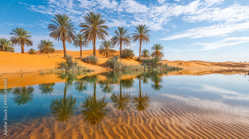 A beautiful desert scene with palm trees and a body of water A beautiful desert scene with palm trees and a body of water