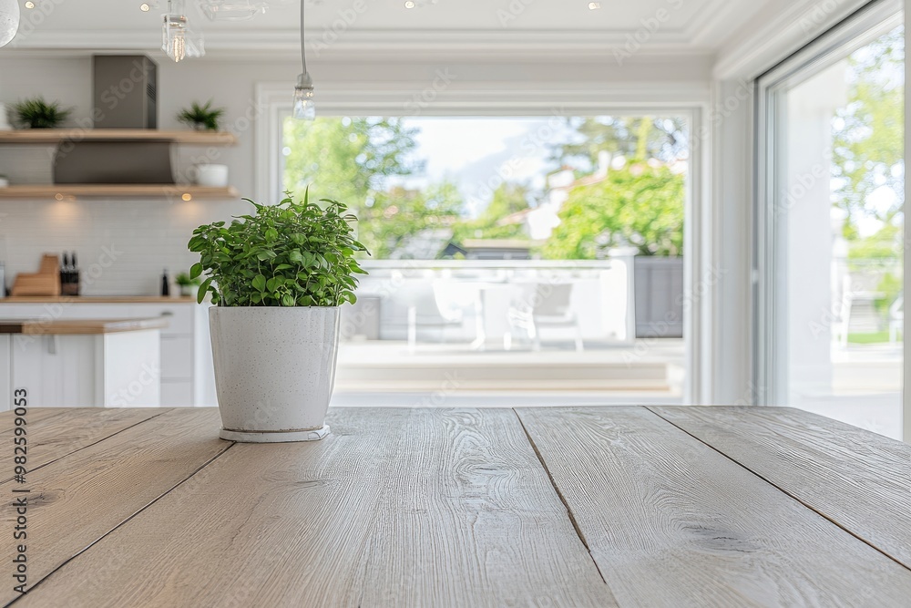 A copy space on wooden dining tabletop over blurred modern luxury white kitchen with generative ai A copy space on wooden dining tabletop over blurred modern luxury white kitchen with generative ai