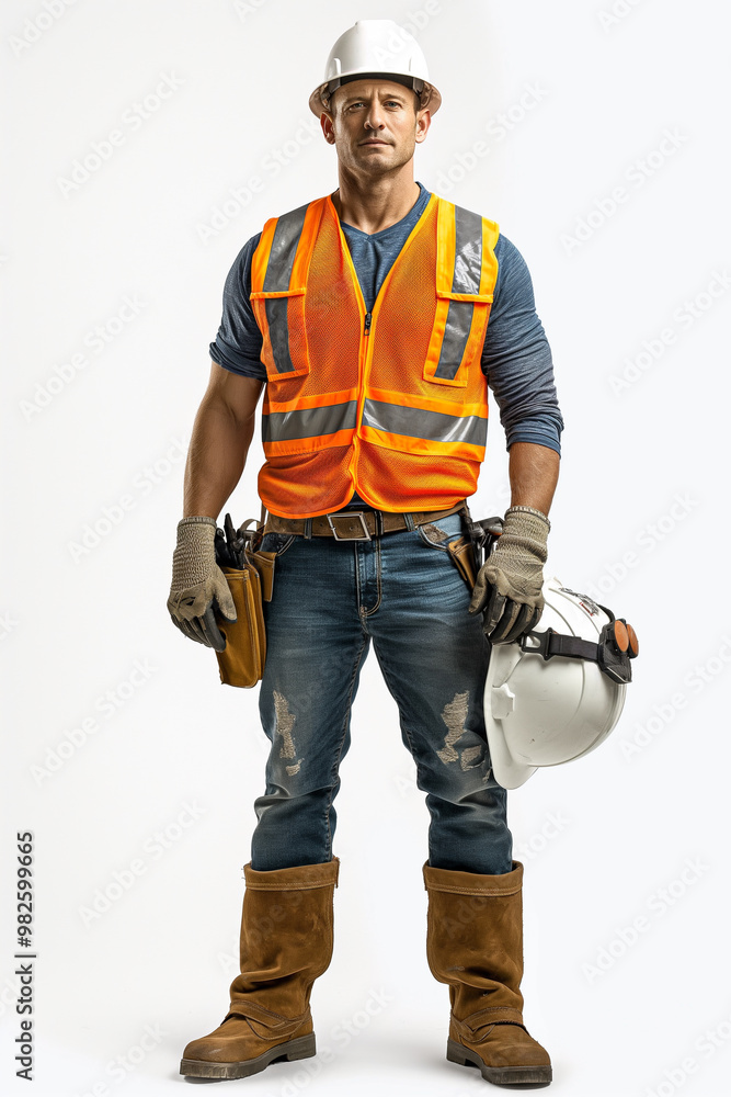 Handsome male engineer worker standing isolated on white background.
Handsome male engineer worker standing isolated on white background.