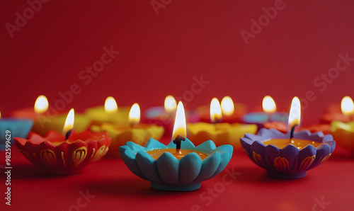 Clay Diya lamps lit during Diwali, Hindu festival of lights celebration photo