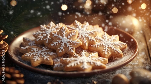 A delicious plate of snowflake-shaped cookies, perfect for festive celebrations, adorned with icing and a cozy holiday atmosphere.