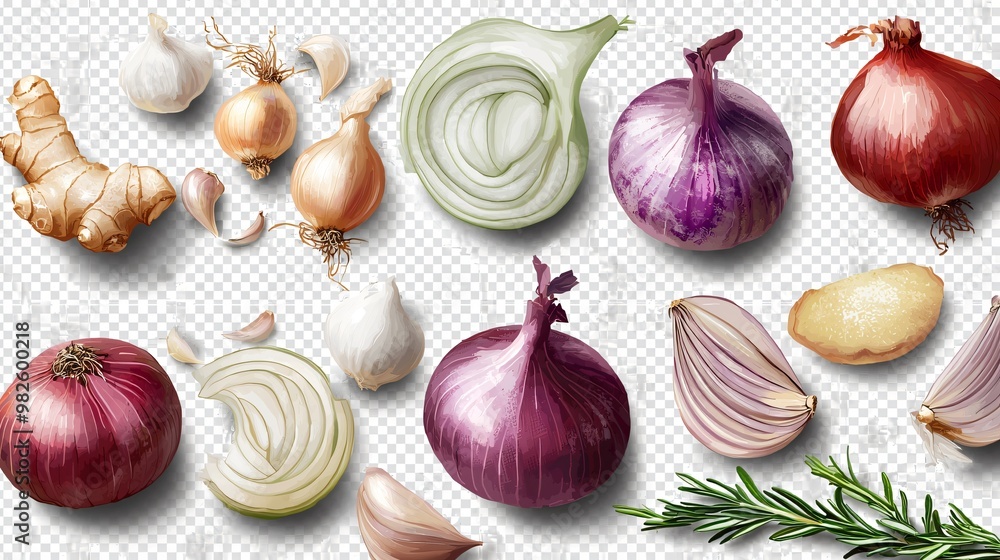 Fototapeta premium Collection of onions, garlic, ginger, and shallots, isolated.
