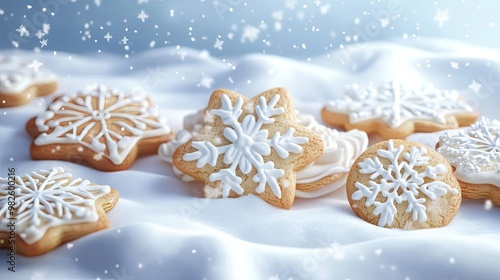 Decorative snowflake cookies on a snowy surface, perfect for festive gatherings and holiday celebrations.