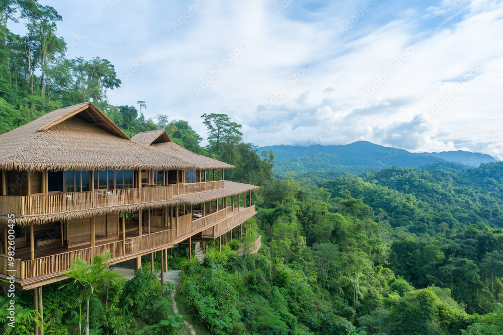 Eco-resort constructed from bamboo and sustainable materials, set in the heart of a lush tropical rainforest, showcasing eco-tourism and nature immersion Eco-resort constructed from bamboo and sustainable materials, set in the heart of a lush tropical rainforest, showcasing eco-tourism and nature immersion