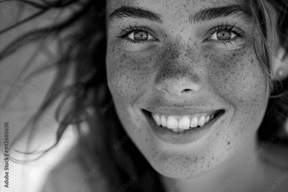 Close-up of a smiling woman with freckles and windswept hair in black and white Close-up of a smiling woman with freckles and windswept hair in black and white