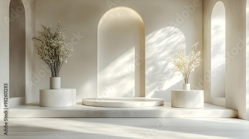 Minimalistic interior with soft lighting, elegant arches, and decorative vases, creating a serene and modern atmosphere. photo