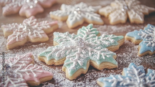 Delicate snowflake cookies decorated with pastel icing and sugar, perfect for holiday celebrations and winter festivities.