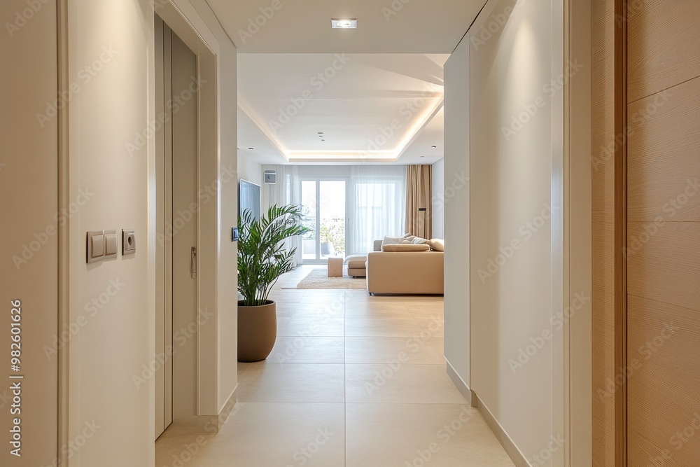 A modern home corridor in front of a living room features a white wall with generative ai A modern home corridor in front of a living room features a white wall with generative ai
