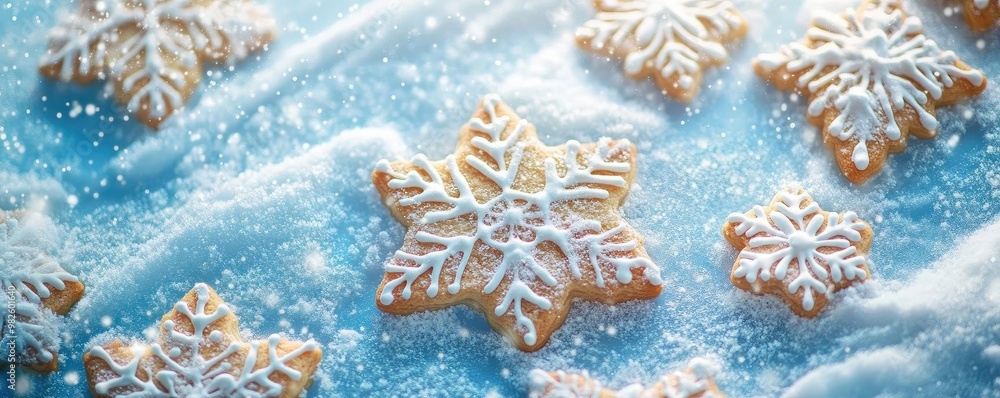 Delightful snowflake cookies sprinkled with powdered sugar on a frosty blue backdrop, perfect for winter celebrations. Delightful snowflake cookies sprinkled with powdered sugar on a frosty blue backdrop, perfect for winter celebrations.