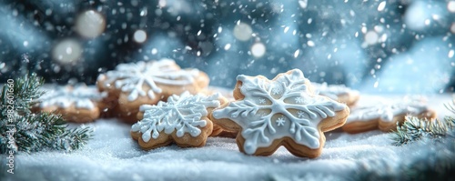 Delicious snowflake cookies decorated with icing, perfect for winter celebrations and festive gatherings amidst a dreamy snowfall.