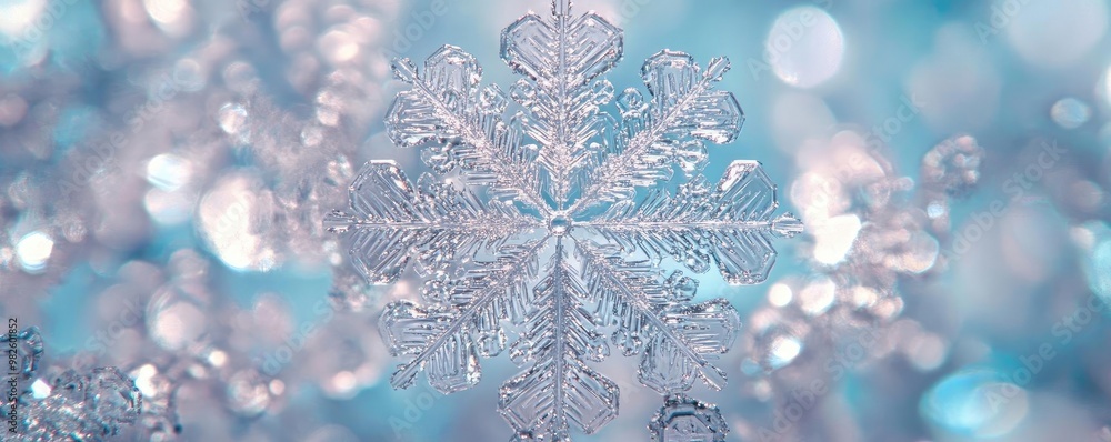 A close-up view of a delicate snowflake, sparkling against a soft blue background, capturing the beauty of winter's frost. A close-up view of a delicate snowflake, sparkling against a soft blue background, capturing the beauty of winter's frost.