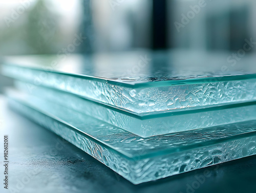 Close-up of stacked translucent glass sheets, showcasing texture and light reflection. Ideal for design and architectural projects. photo