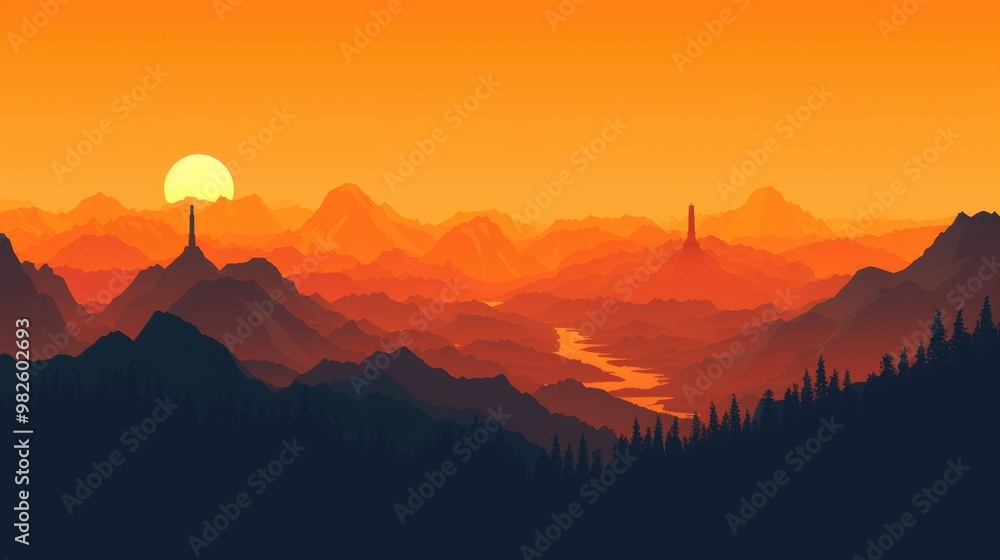 Silhouette Of Some Mountains And A Tower With Orange Sky Silhouette Of Some Mountains And A Tower With Orange Sky