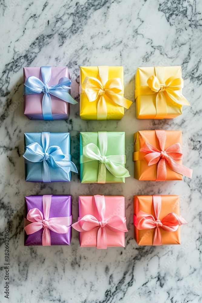 Fototapeta premium A row of rainbow-hued gift boxes with bows, perfectly aligned on a marble surface.