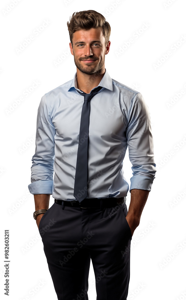 A handsome man wearing a blue button up shirt a tie and blue pants is standing relaxed and smiling with his hands in his , cutout on transparent background, ready for architectural visualisation. PNG A handsome man wearing a blue button up shirt a tie and blue pants is standing relaxed and smiling with his hands in his , cutout on transparent background, ready for architectural visualisation. PNG
