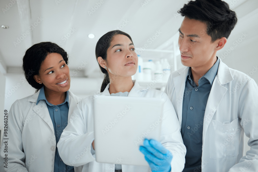 Discussion, review or people on tablet for science breakthrough, clinical trial or discovery. Teamwork, biology or group of scientists reading results for vaccine research, mpox cure or development Discussion, review or people on tablet for science breakthrough, clinical trial or discovery. Teamwork, biology or group of scientists reading results for vaccine research, mpox cure or development