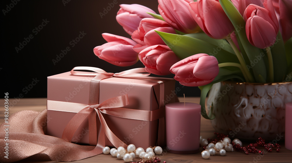 Presentation background with flowers and platform for presenting products for the holidays on March 8th Presentation background with flowers and platform for presenting products for the holidays on March 8th