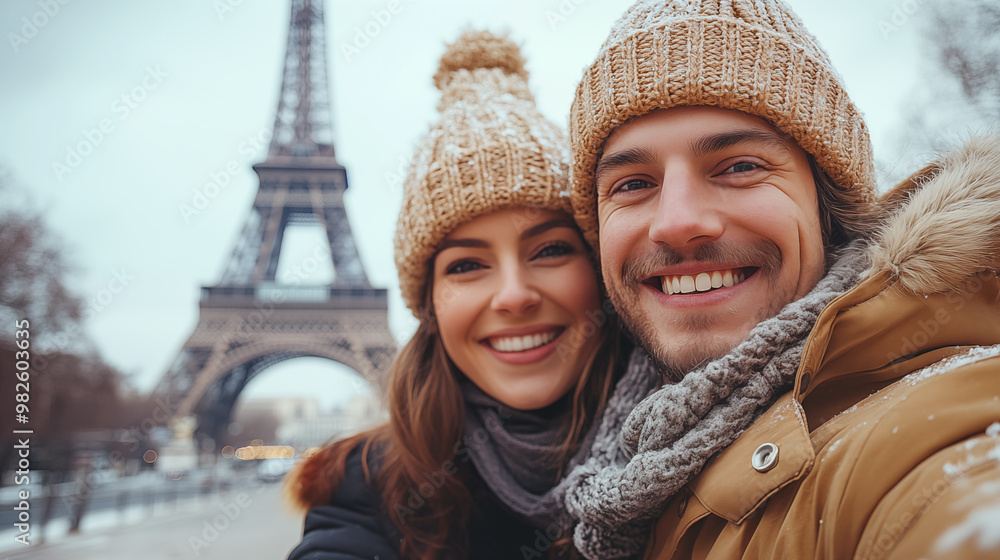 Happy couple in winter clothes near the Eiffel tower in Paris, France Happy couple in winter clothes near the Eiffel tower in Paris, France