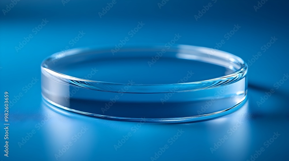 Elegant Transparent Glass Ring Reflecting on Reflective Blue Surface Elegant Transparent Glass Ring Reflecting on Reflective Blue Surface