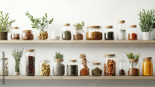 A beautifully arranged spice shelf with a clean, minimalistic background. The ample space around the shelf allows for easy addition of text.