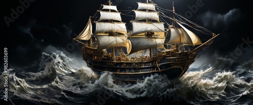 A grand sailing ship braving fierce ocean waves under a dramatic sky. This image captures the power of the sea and the bravery of maritime explorers, perfect for historical or adventure-themed photo