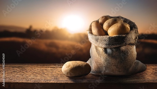 Fresh potatoes in a cloth sack sitting on a wooden table, showcasing a rustic, farm-to-table theme. The potatoes have a natural, earthy appearance with dirt still clinging to them photo