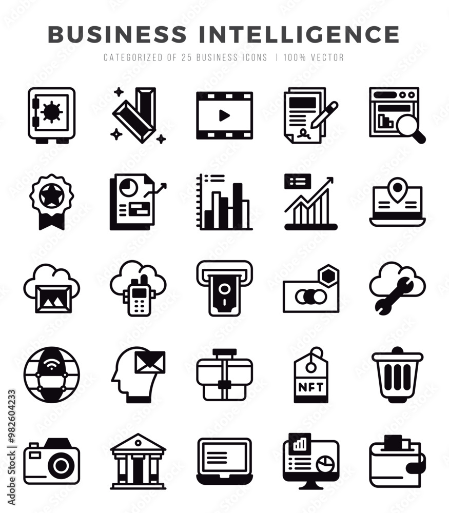 Set of Business Intelligence Icons. Simple line art style icons pack. Set of Business Intelligence Icons. Simple line art style icons pack.