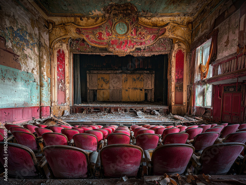 The stage is empty and the seats are red photo