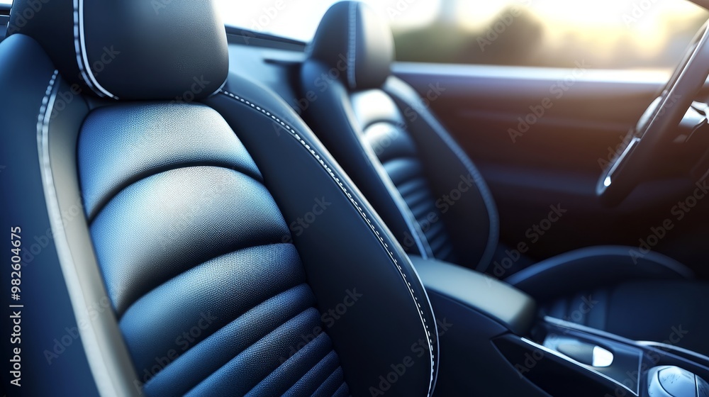 Obraz premium Detailed view of luxurious car seats featuring premium black leather and stylish stitching, perfect for automotive aesthetics.