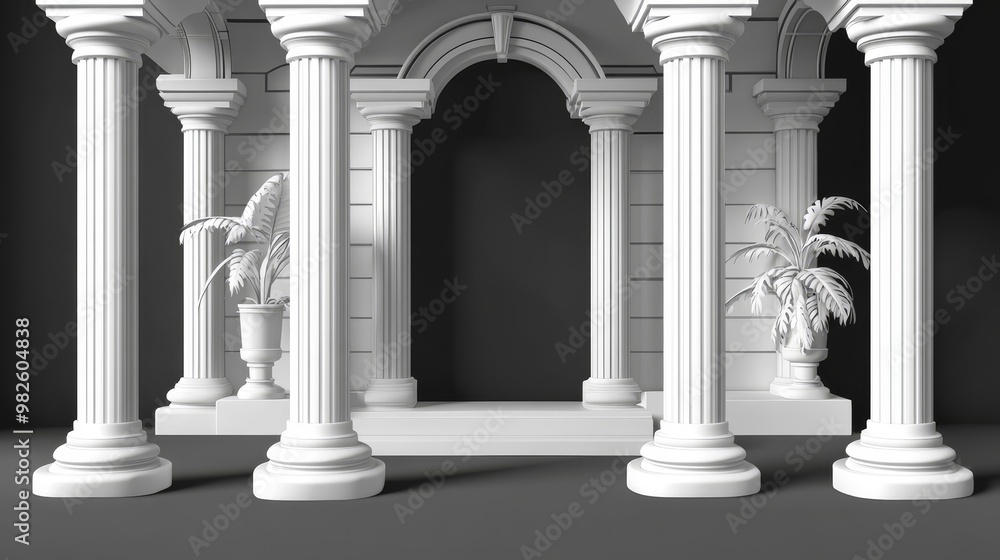 Elegant white columns and arches create a classic architectural scene, perfect for backgrounds and interior design inspiration. Elegant white columns and arches create a classic architectural scene, perfect for backgrounds and interior design inspiration.