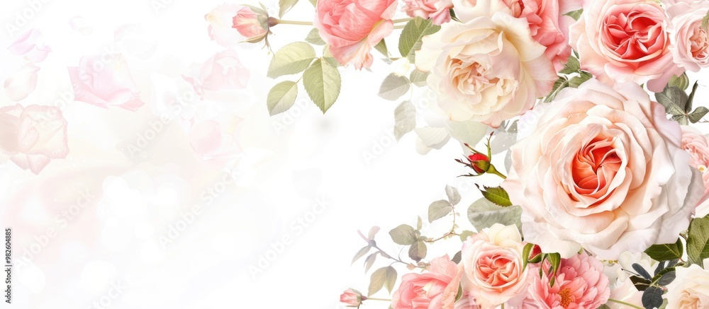 Wedding Background With Garden Tea Roses Bouquet Isolated On White And Sample Text Wedding Background With Garden Tea Roses Bouquet Isolated On White And Sample Text