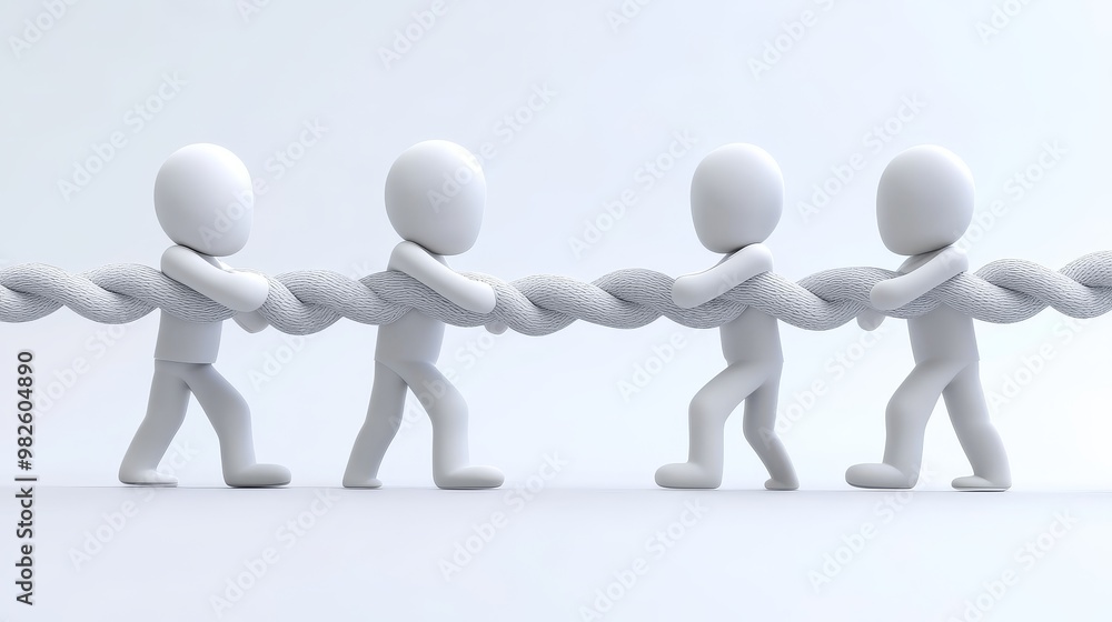 Four figures pulling a rope together, symbolizing teamwork, collaboration, and collective strength in a minimalist style. Four figures pulling a rope together, symbolizing teamwork, collaboration, and collective strength in a minimalist style.