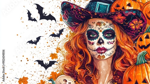 colorful pin up girl with half her face in sugar skull makeup wearing withch hat surrounded by pumpkins and bats in clip art style haloween themed background on white background vibrant color scheme