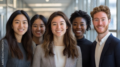 Collaborative Diversity Showcased in Office Setting: Five Individuals United by Smiles, Embracing Cultural Differences. Highlighting Cultural Diversity and Team collaboration concept. 