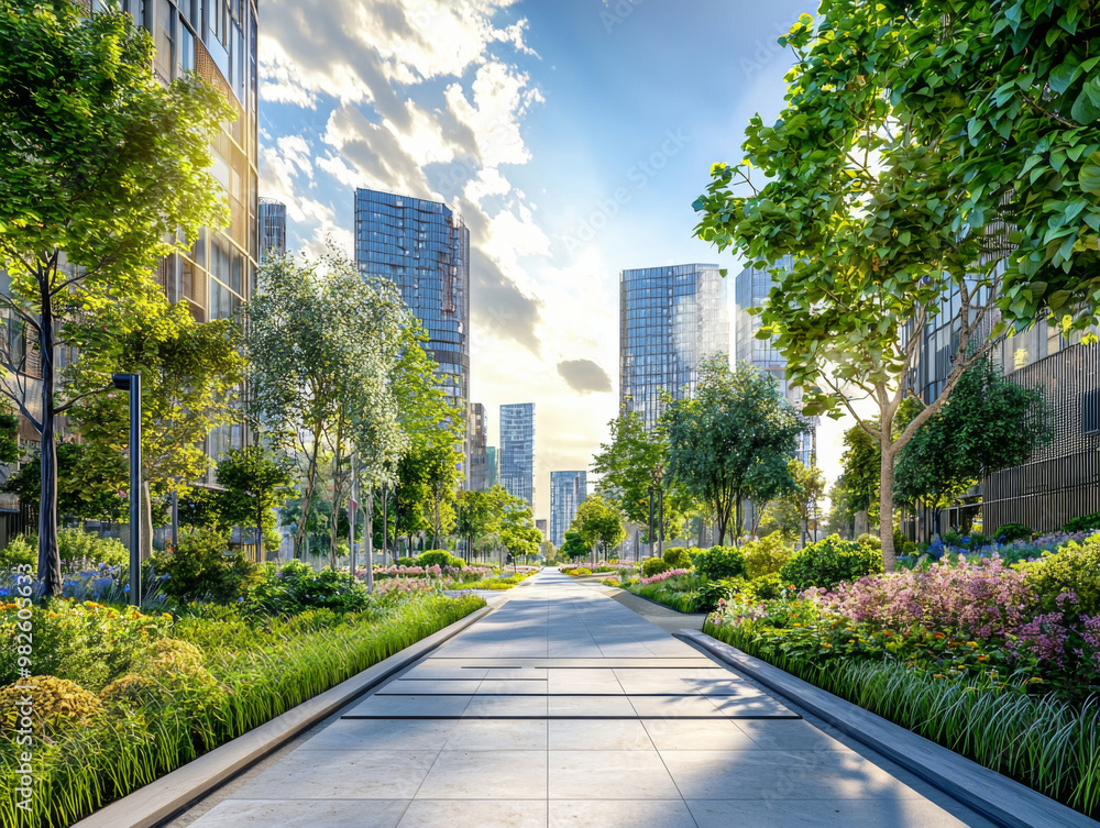 A city street with a sidewalk and a path lined with trees A city street with a sidewalk and a path lined with trees