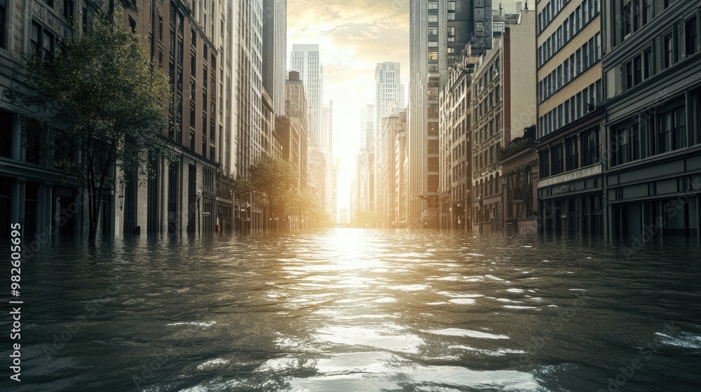 Fototapeta premium A city street flooded due to heavy rainfall and rising sea levels. The large, open spaces around the flood provide room for text on climate impact.