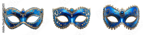 Set of blue carnival mask isolated on white or transparent background