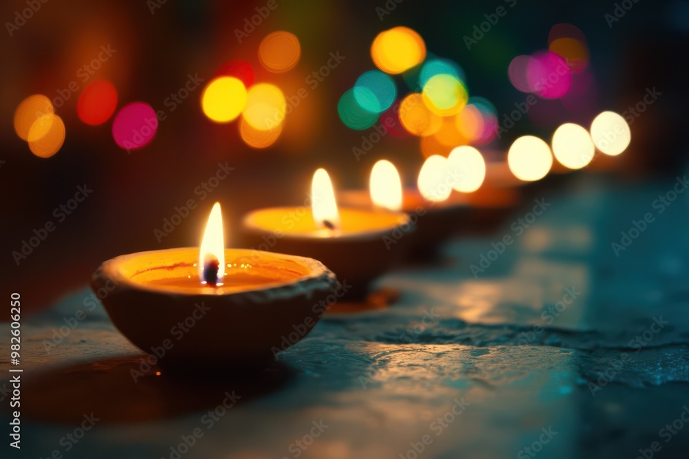 Traditional Diwali Diyas with Bokeh Lights Traditional Diwali Diyas with Bokeh Lights