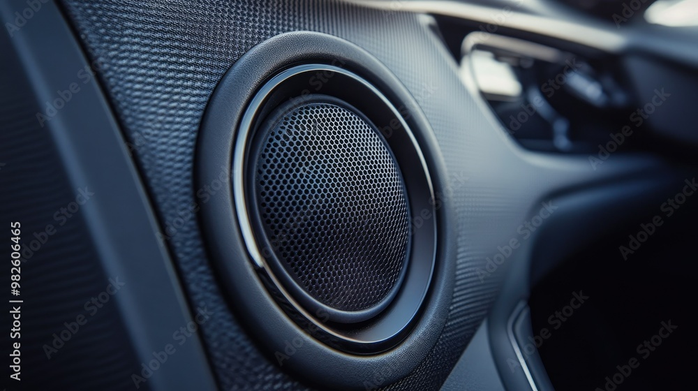 A close-up of a car door panel with a high-quality speaker installed. The sleek design and ample blank space around the speaker make room for copy. A close-up of a car door panel with a high-quality speaker installed. The sleek design and ample blank space around the speaker make room for copy.