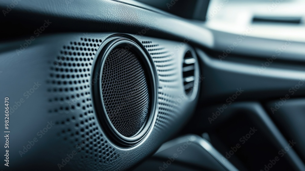 A close-up of a car door panel with a high-quality speaker installed. The sleek design and ample blank space around the speaker make room for copy. A close-up of a car door panel with a high-quality speaker installed. The sleek design and ample blank space around the speaker make room for copy.