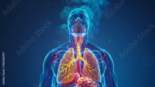 Anatomy of lungs highlighted with skeleton on a black background. 3D Illustration holographic