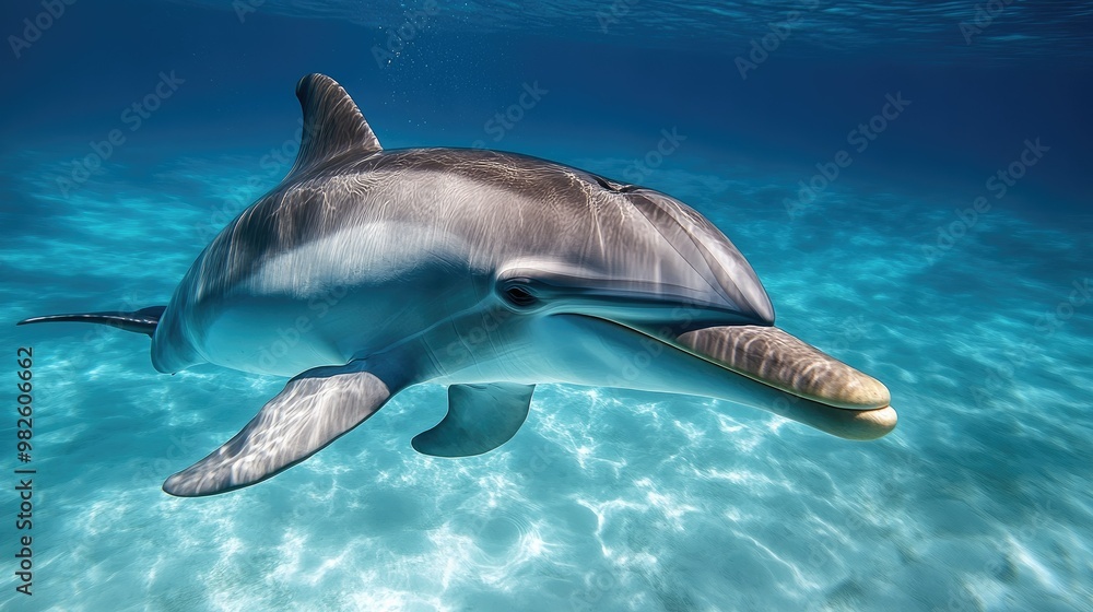 Obraz premium A close-up of a dolphin's face and sleek body swimming gracefully in clear water. The unobstructed background provides a perfect area for copy.